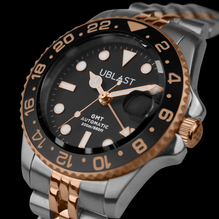 Ublast® - Automatic Diver GMT - UBDGMJ40BGB - Steel & Rose Gold Plated - Jubilee Strap - Mężczyzna - Nowy