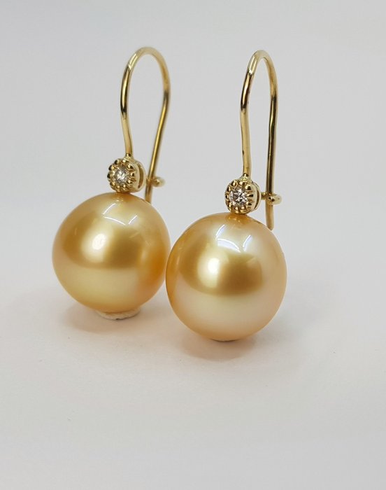 Image 3 of 11mm Golden South Sea Pearls - 14 kt. Yellow gold - Earrings - 0.04 ct