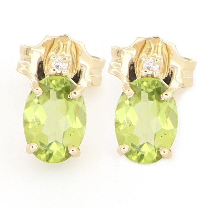 Preview of the first image of No Reserve Price - 18 kt. Yellow gold - Earrings - 0.02 ct Diamond - Peridots.