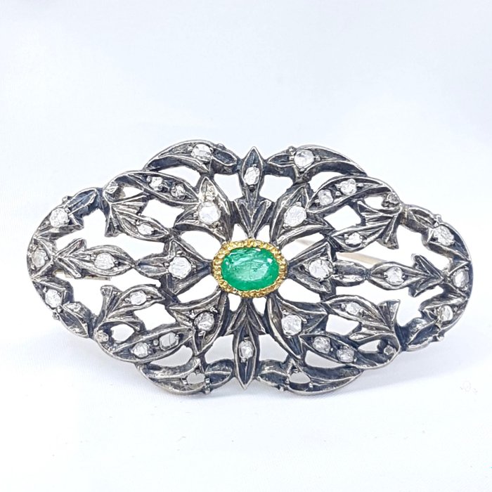Image 2 of oro 12 kt, argento 925, oro zecchino 24 kt. - Mixed Silver, Yellow gold - Brooch - 0.00 ct Emerald