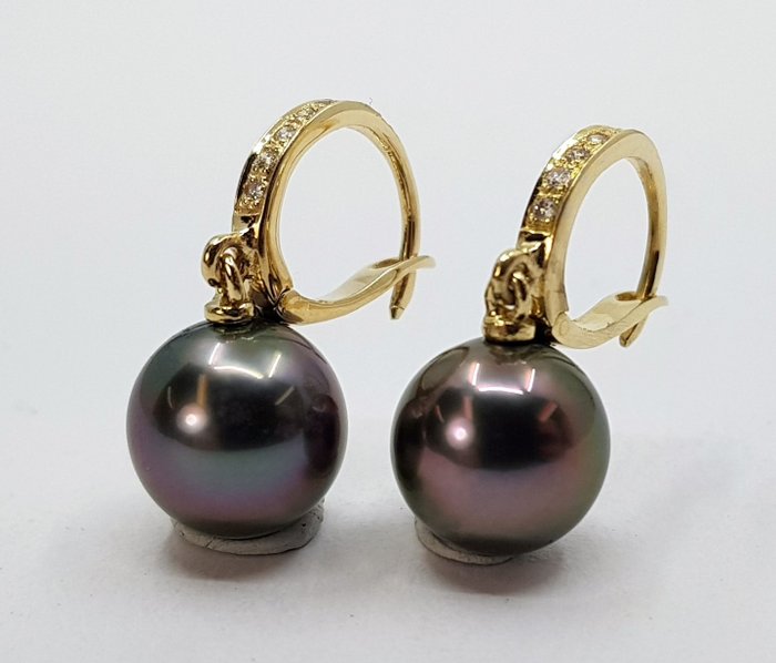 Preview of the first image of 9x10mm Peacock Tahitian Pearl Drops - 14 kt. Yellow gold - Earrings - 0.09 ct.