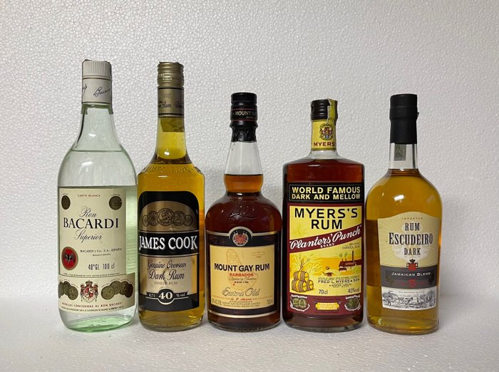 Bacardi Superior, Carta Blanca - Myers's - Mount Gay - James Cook -  Escudeiro Dark 5 yo - b. 1980s, 1990s, 2000s - 70cl, 1L - 5 bottles -  Catawiki