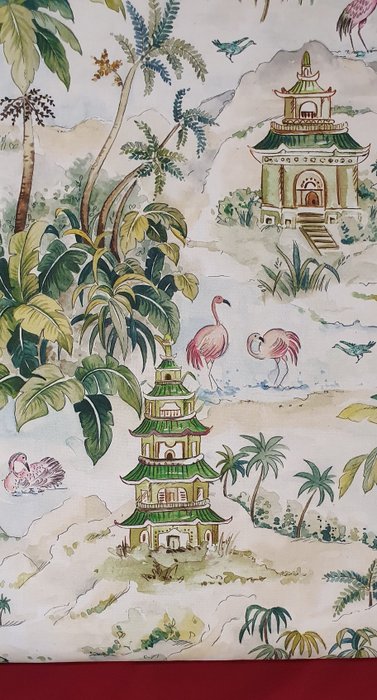 Exclusive Asian fabric with pagodas and flamingos - 300x280cm - Textile - 280 cm - 0.02 cm