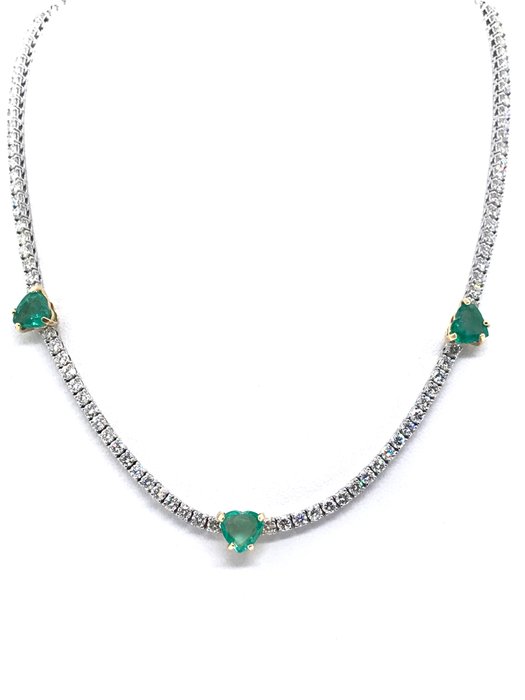Preview of the first image of 18 kt. White gold - Necklace - 3.45 ct Emerald - Diamonds.