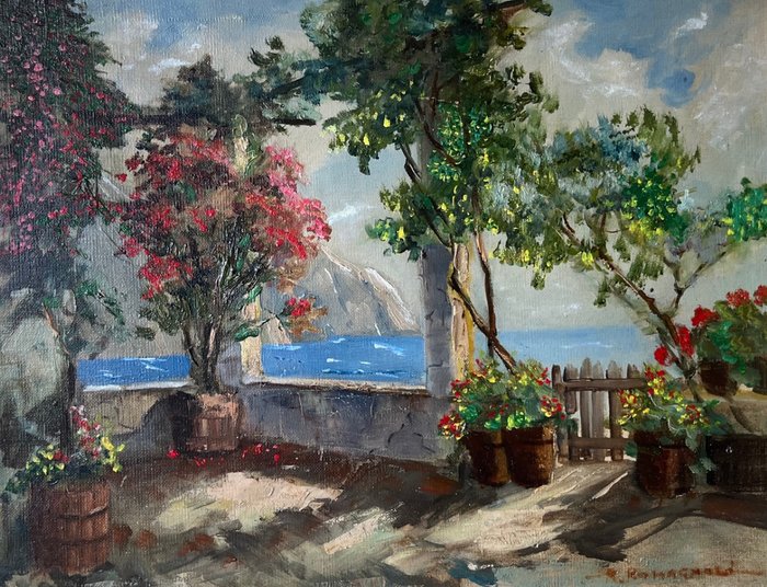 Preview of the first image of Scuola Italiana (XX) Firmato Romagnoli - Le Jardin au bord de la Mer.