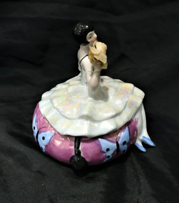 Image 3 of Art Deco Fine Porcelain Box Elegant Half Doll Figurine