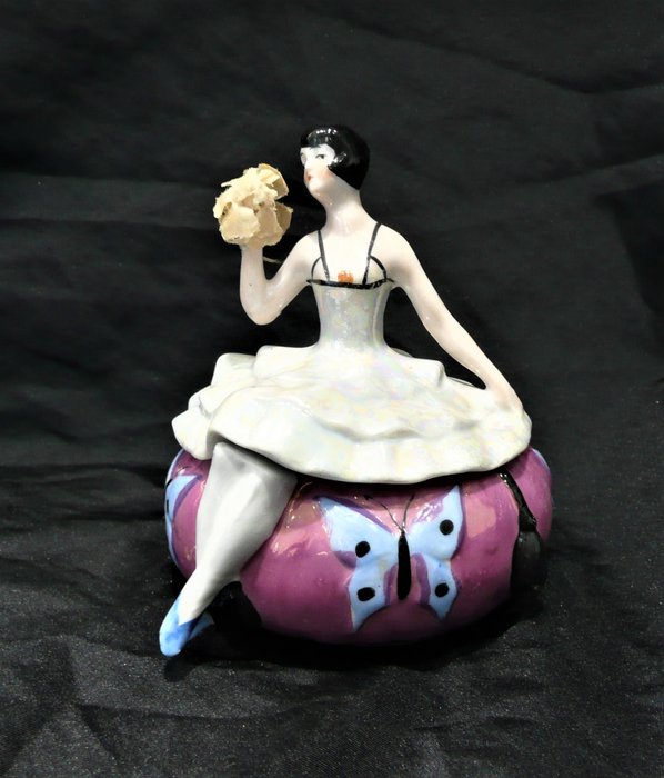 Preview of the first image of Art Deco Fine Porcelain Box Elegant Half Doll Figurine.