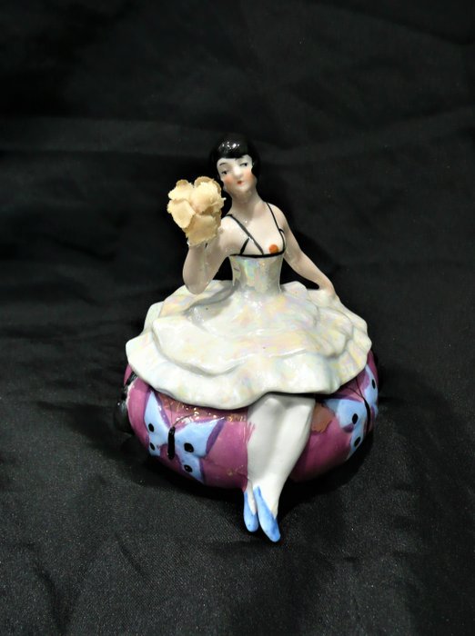 Image 2 of Art Deco Fine Porcelain Box Elegant Half Doll Figurine