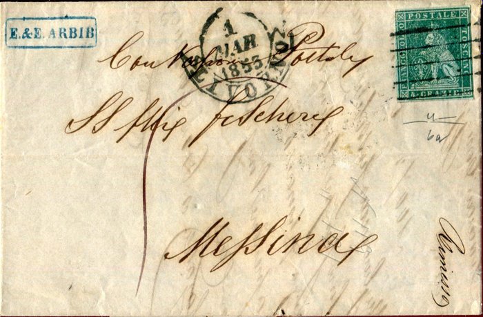 Italienische antike Staaten - Toskana 1851 - 4 verrückter Erstdruck auf hellblauem Papier. Brief von Livorno nach Messina - Sassone 6a