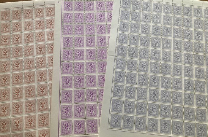 Belgio 1951/1957 - Numero sul leone araldico: 5c viola grigio - 2c giallo bruno - 3c viola chiaro in foglio da 4 x 100 - OBP/COB 849 + 1026A/B