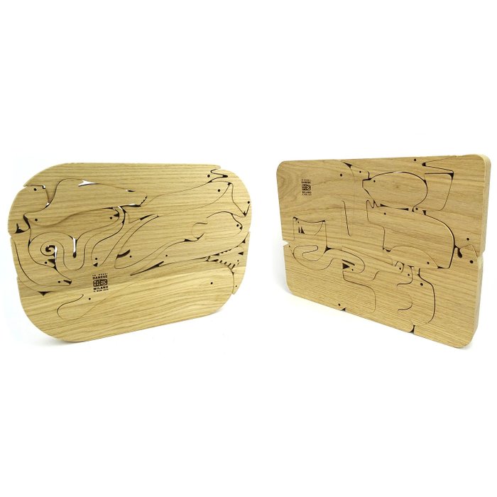 Enzo Mari - Puzzle (2) - Danese Milano - ''16 Animali & 16 Pesci'' - Limited Edition (108/200 & 45/200) - Solid oak wood
