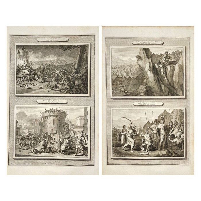 Pieter Mortier (1661-1711) - Set of 2 Prints - New Testament - Jonathan With His Armor-Bearer - Gideon Defeats the Midianites