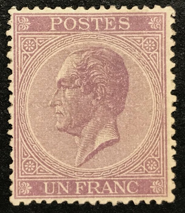 Belgia 1865/1866 - Leopold I profiilissa - 21A - 1 frangi Violetti - Kaunis keskus - Todistus - OBP 21A