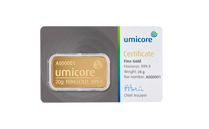 20 gram - Guld 999 - Umicore - Forseglet & Med certifikat