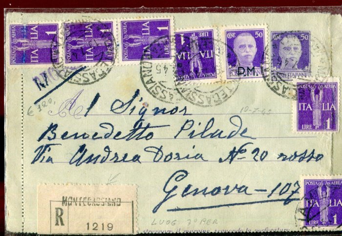Kongeriket Italia 1945 - Postpapir 50 cent med ekstra porto inkludert "tvilling" 50 cent overtrykt "PM"