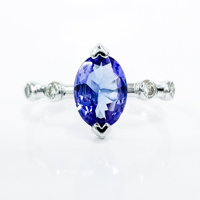 Utan reservationspris - 1.00 Blue Tanzanite & 0.10 F-G Diamond Designer Solitaire Ring - Ring - 14 kt Vittguld Tanzanit 