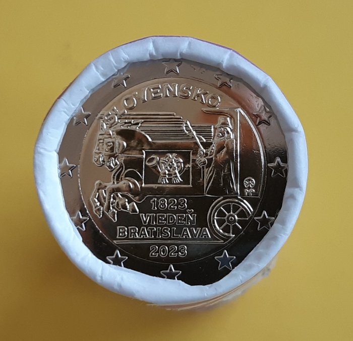 Eslováquia. 2 Euro 2023 "Stagecoaches Vienna-Bratislava" (25 coins) in roll