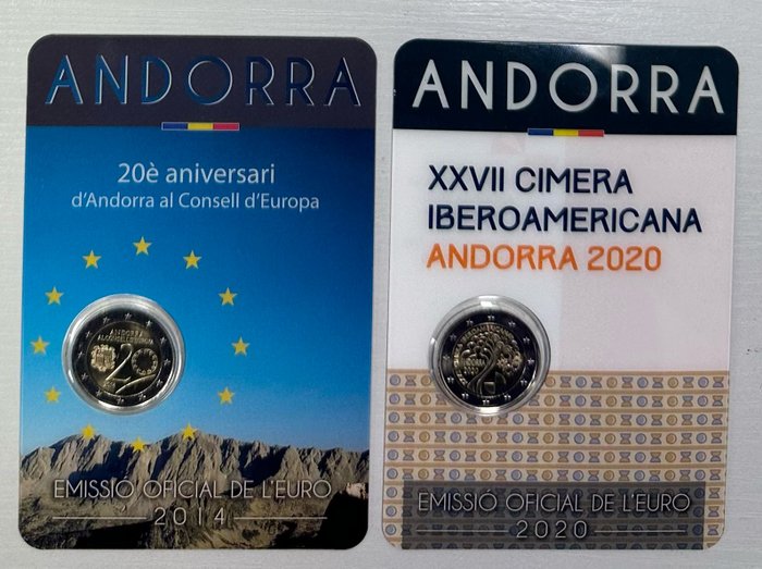 Andorra. 2 Euro 2014/2020 "Conseil de l'Europe" + "Sommet ibéro-américain" (2 coincards)  (Bez ceny minimalnej
)