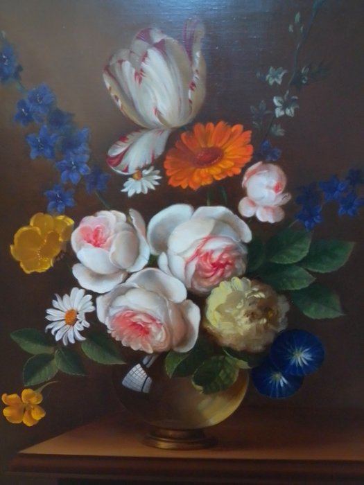 Daniele Perney (1940) - Bloemstilleven met rozen en tulp