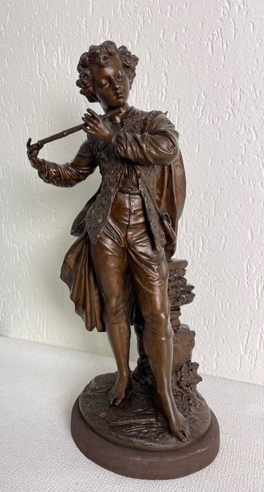 Emile Bruchon (act. circa 1880-1910) - sculptuur, Le Musicien - 48 cm - Hout, Zinklegering