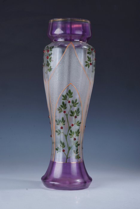 Vase -  Grote Franse Art Nouveau vaas met polychoom floraal decor  - Glass