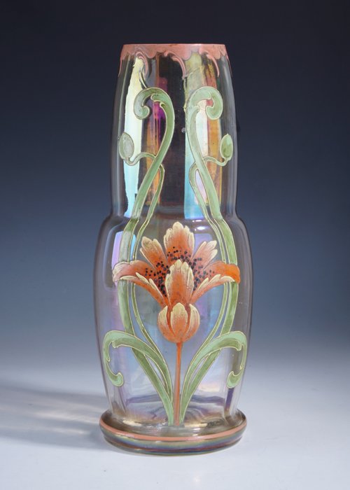 Váza -  Grote Franse Art Nouveau vaas met polychoom floraal decor  - Üveg