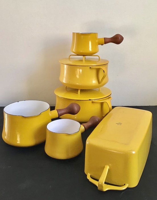 Vintage Set of 5 Enamel Pans French Vintage Yellow Enamelled 