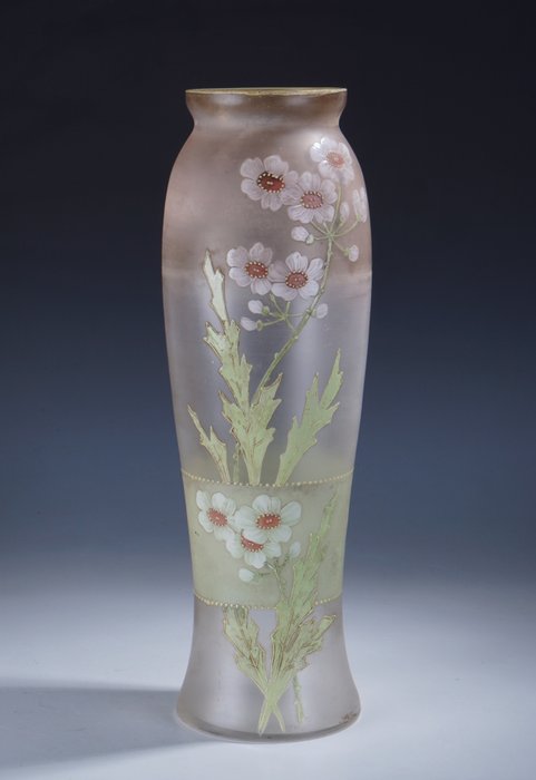 Vase -  Grote Franse Art Nouveau vaas met polychoom floraal decor  - Glas