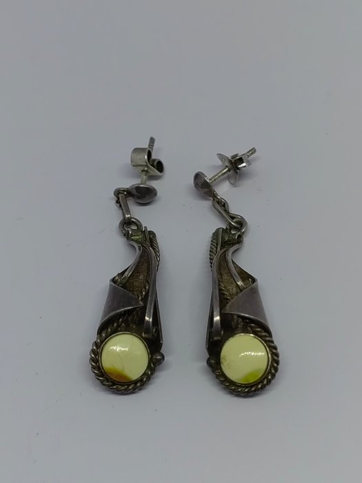 Handmade silver earrings with Baltic amber - Fossil cabochon