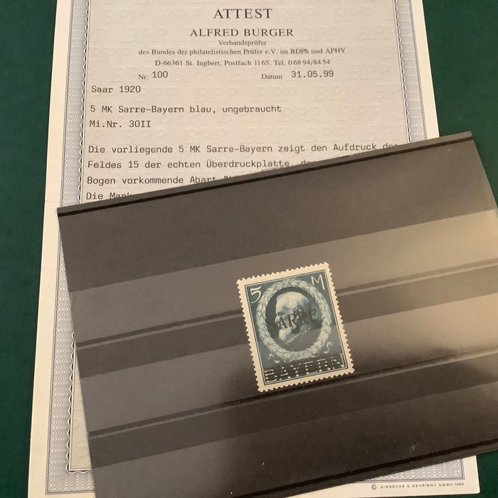 萨尔盆地领土 1920 - 5 带有小 A - 照片证书的标志 Citizen BPP - Michel 30 II