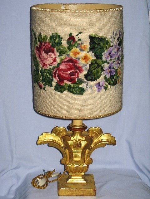 Lamp with gold leaf palm holder and lampshade with needlepoint embroidery