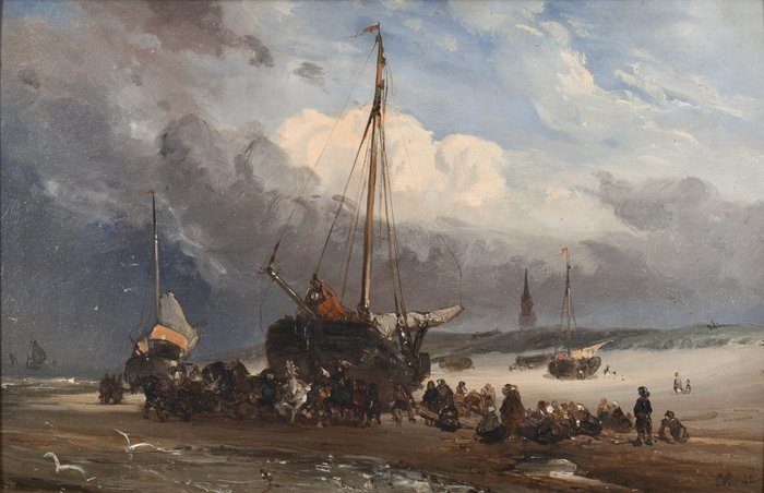 Charles Rochussen (1814-1894) - A ship being launched to sea from a Dutch beach
