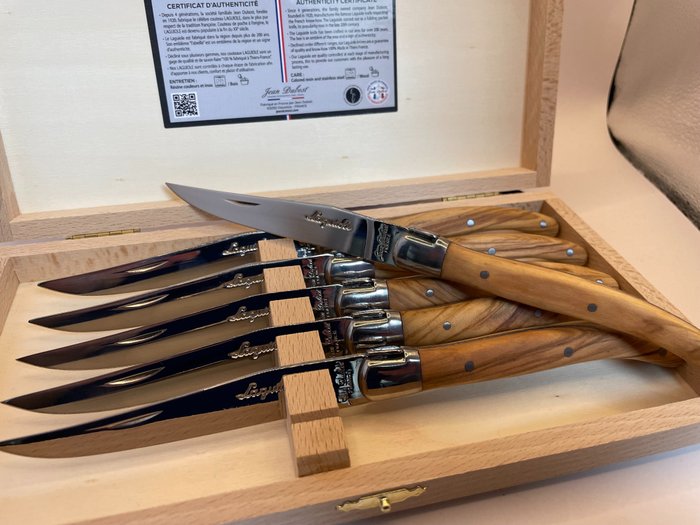 Laguiole Jean Dubost® - 餐刀套装 - 橄榄木手工牛排刀，带拉吉奥勒真品证书 - 钢（不锈钢）
