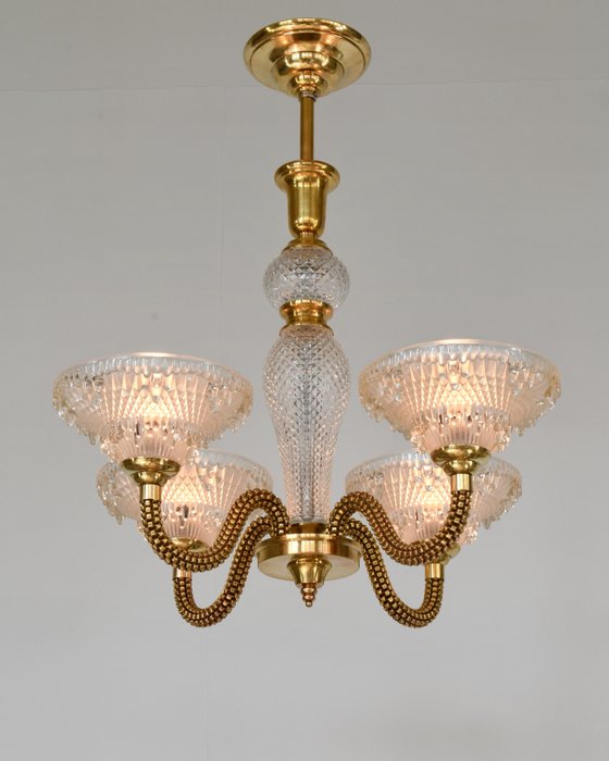 Boris Lacroix French art deco chandelier - Csillár - Üveg, aranyozott tömör sárgaréz és bronz