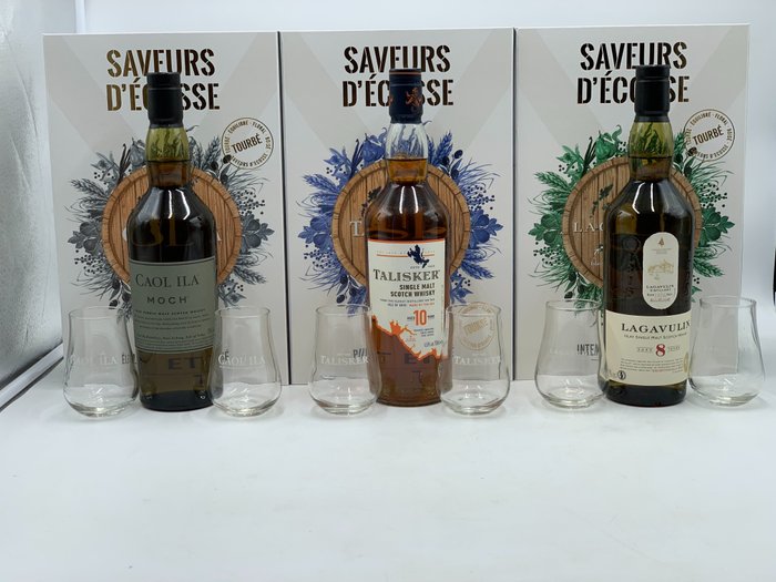 Caol Ila Moch + Talisker 10 ani + Lagavulin 8 ani - Saveurs D'Écosse - Gift sets with glasses - Original bottling  - 70 cl - 3 bottles