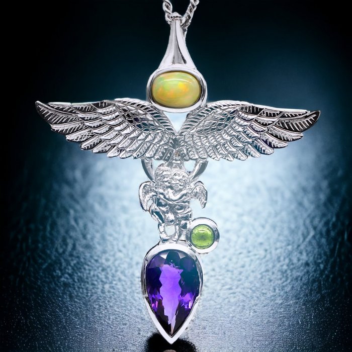 The Enchantment of Opal, the Elegance of Amethyst. Silver pendant