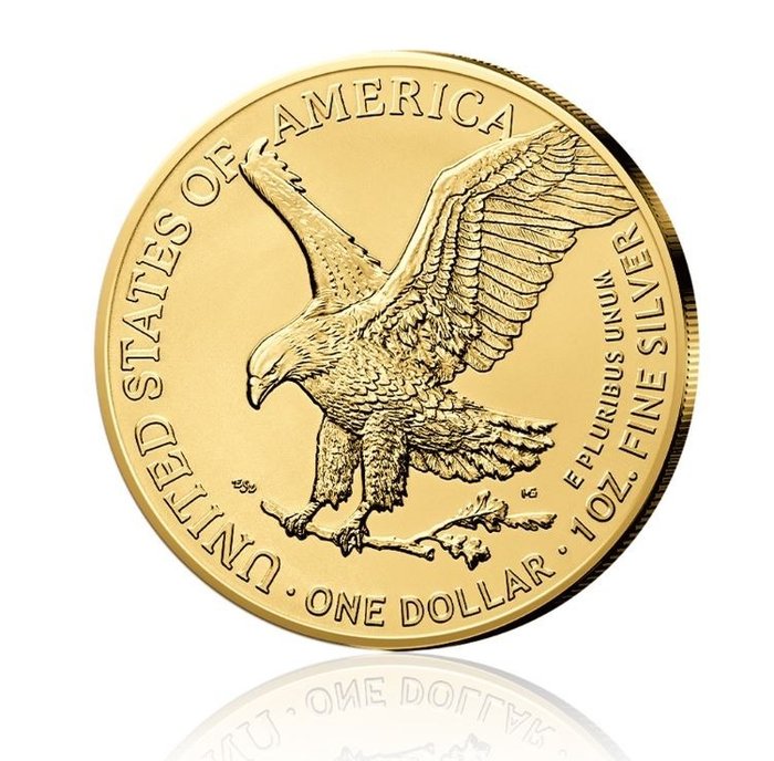 USA. 1 Dollars 2023 American Eagle, mit Gold plated, 1 Oz (.999)  (Ohne Mindestpreis)