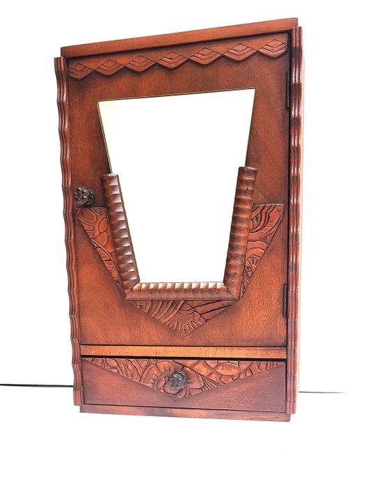 Armadietto dei medicinali in legno con modanature decorative e specchio - Art Déco