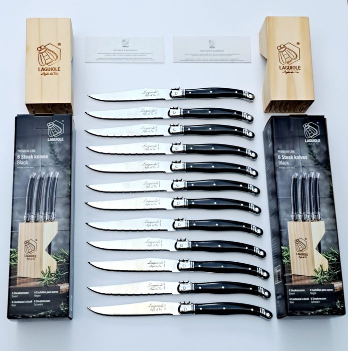 Laguiole - 12x Steak Knives - Black - style de - Conjunto de facas de mesa (12) - Aço (aço inoxidável)