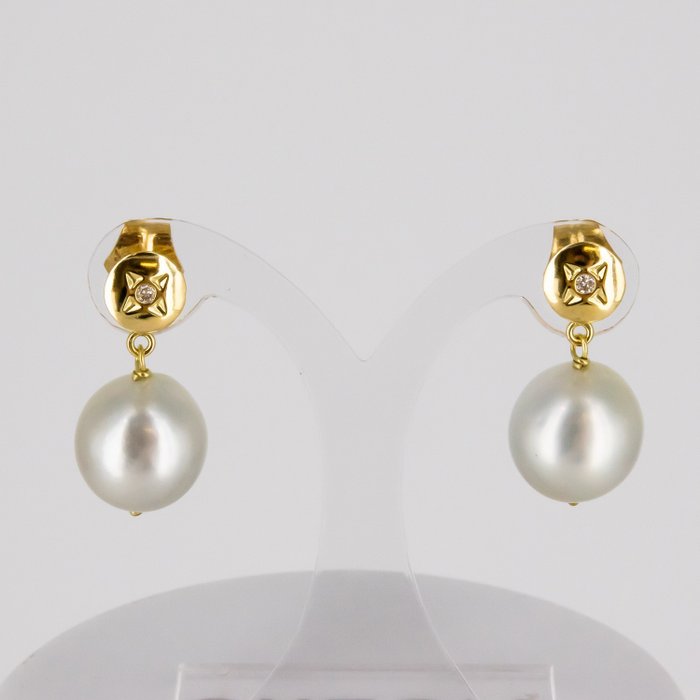 耳環 黃金 鉆石  (天然) - 珍珠 