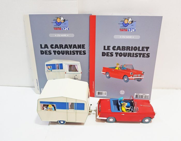 Figurine - Ensemble de 2 voitures 1:24 - Le cabriolet des touristes + La caravane -  (2) - Métal