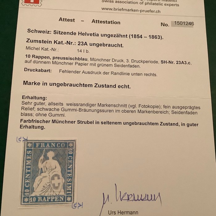 瑞士 1854 - 10 颗萝卜咀嚼版第三期普鲁士蓝色带照片证书 - Michel 14Ib / Zumstein 23A