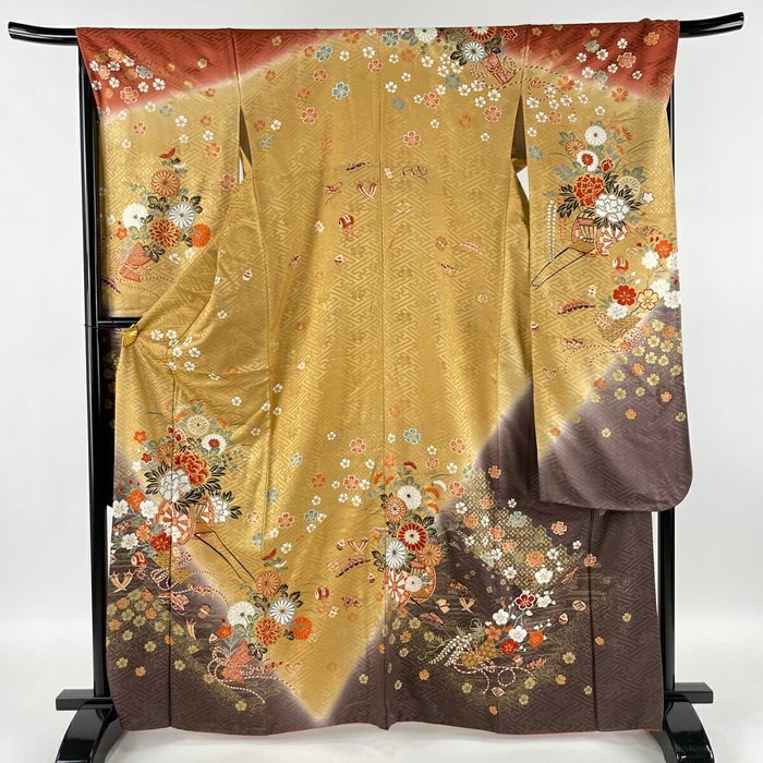 Furisode, Kimono (1) - Oro, Seda - Flores - Japón - Período Heisei (1989-2019)