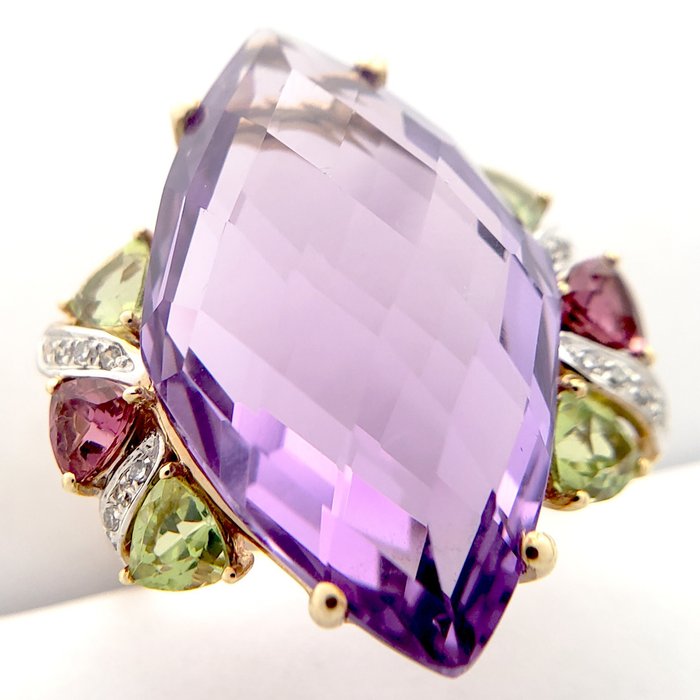 14K包金 黄金 - 戒指 - 20.67 ct 紫水晶 - 橄榄石、粉红碧玺、钻石
