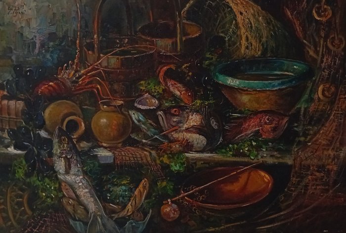 Gustavo Pisani (1877-1948) - Natura morta con pesci