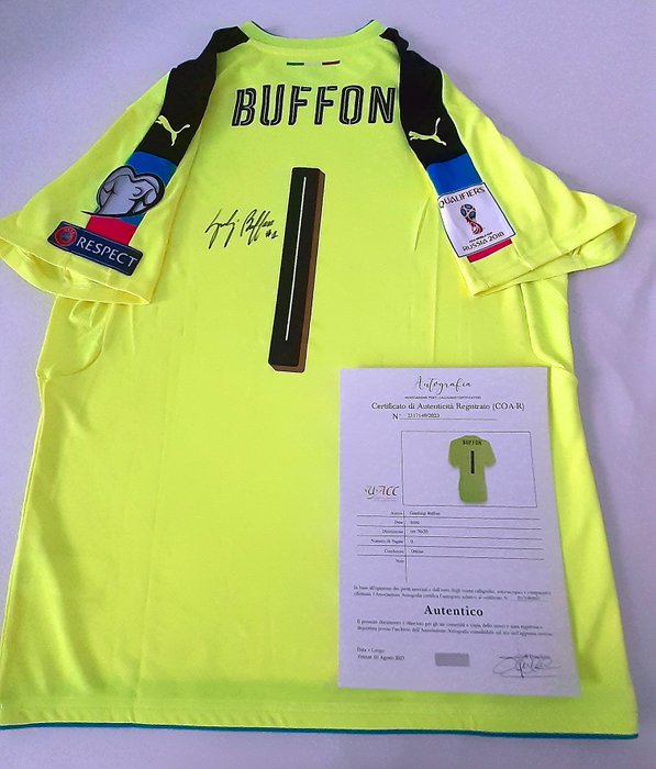 Italien - Gianluigi Buffon - WM-Qualifikation 2018 - Italien : Israel (1:0) - Torhütertrikot - personnellement signé à la main et préparé pour le match - avec certificat d'authenticité COA