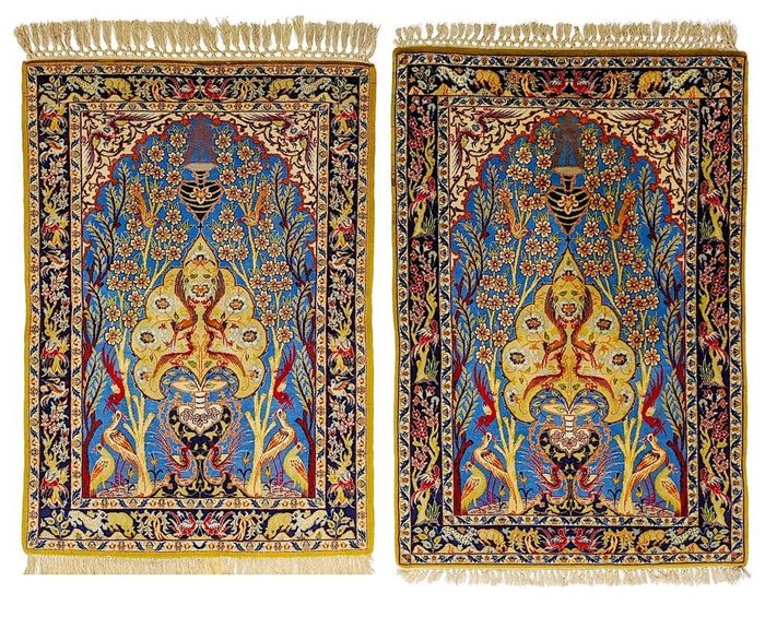 Coppia di antichi alberi della vita di Isfahan - collana in seta - Tappeto - 106 cm - 71 cm