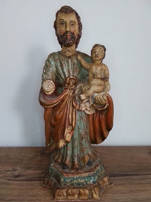 Beeld, Sint-Jozef met kind (31 cm.) - Hout - 19e eeuw