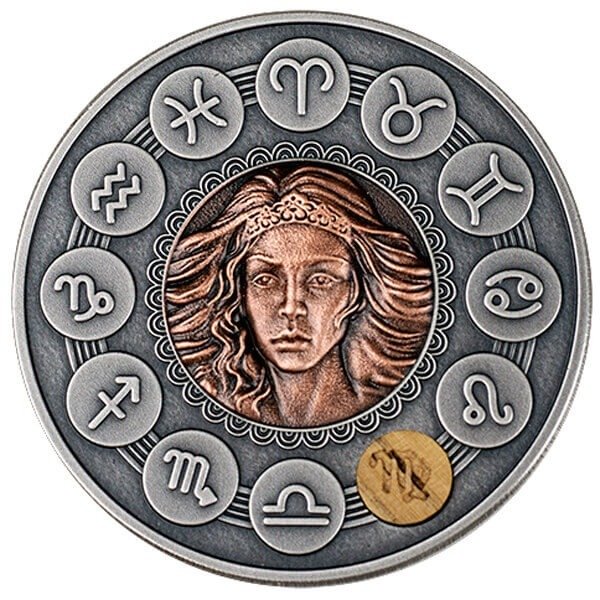 Niue. 1 Dollar 2019 Virgo - Zodiac Signs - Antique Finish, 1 Oz (999)  (Ei pohjahintaa)