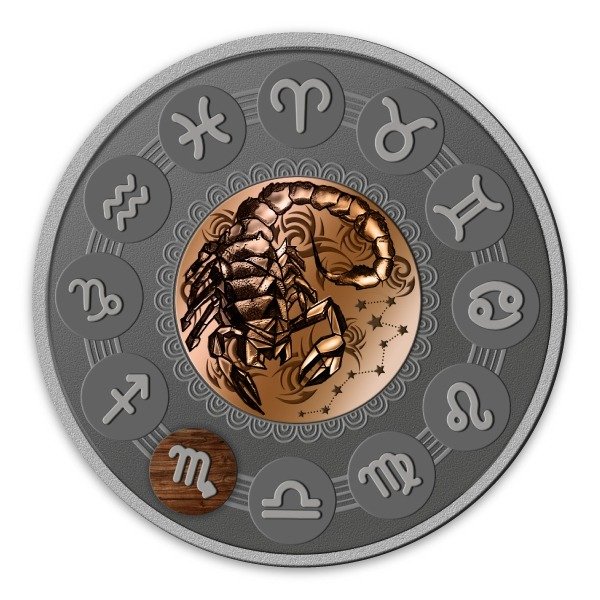 纽埃. 1 Dollar 2019 Scorpio - Zodiac Signs - Antique Finish, 1 Oz (.999)  (没有保留价)
